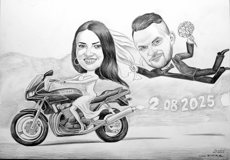ślubna karykatura na motorze