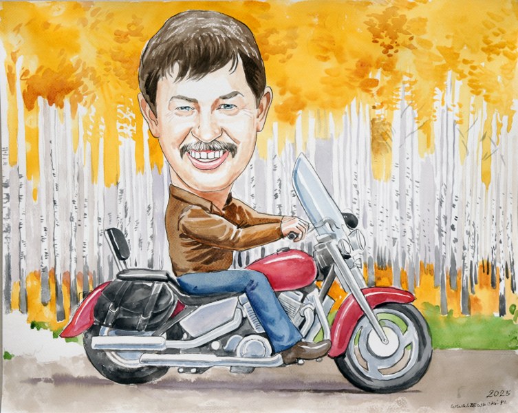 karykatura na motorze w brzozowym lesie